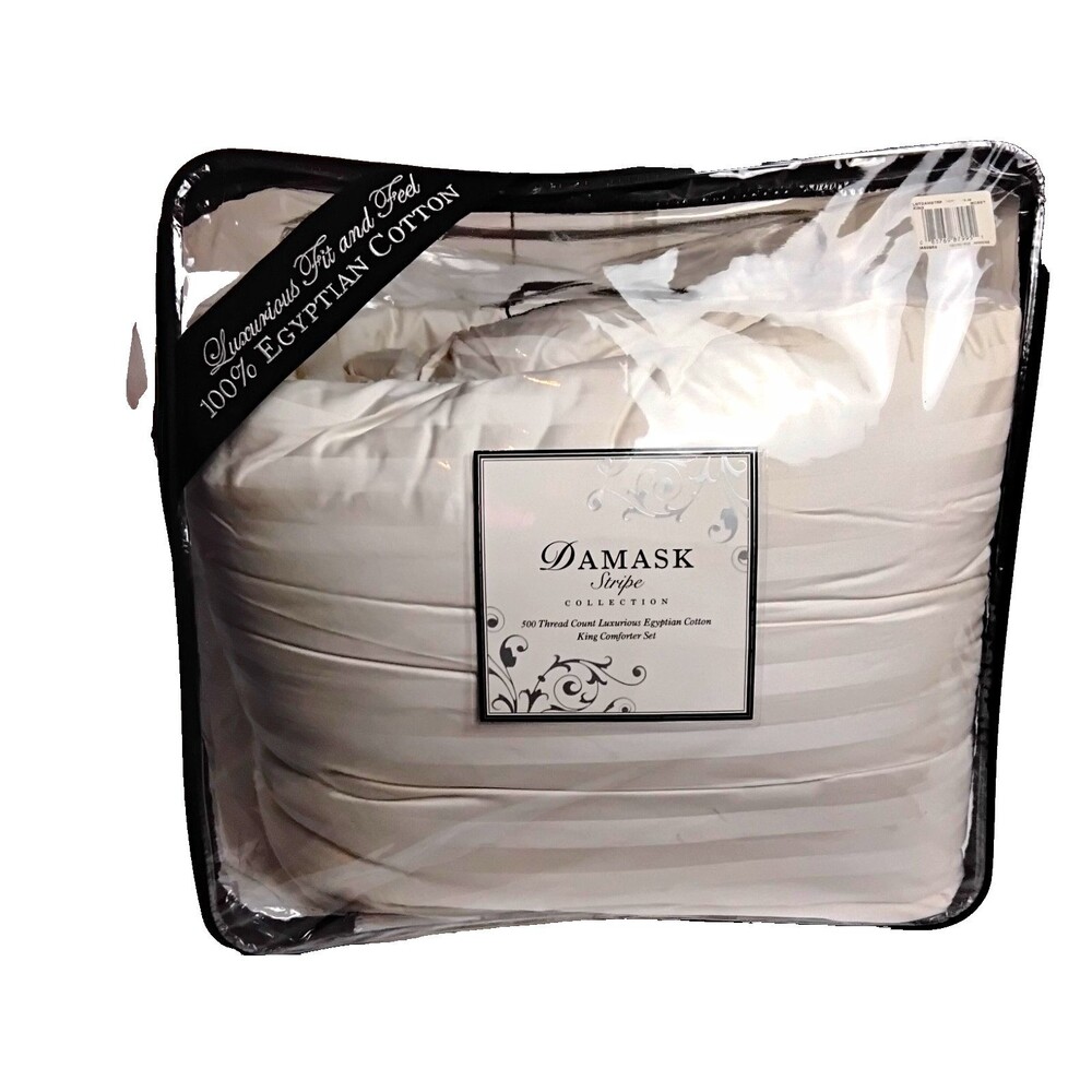 Damask Stripe Collection King Comforter Set 500TC Egyptian Cotton Ivory 3pc